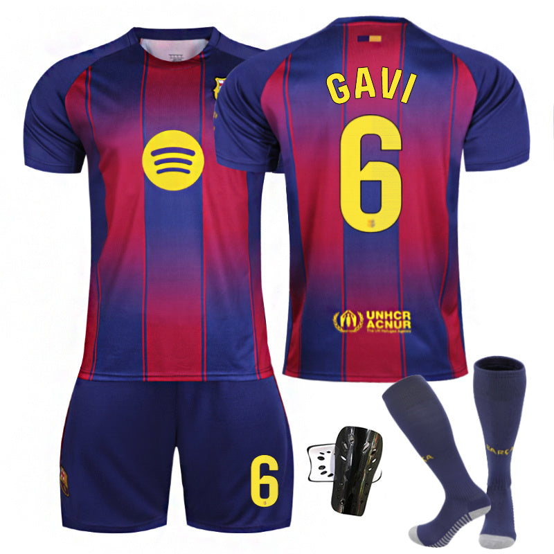 Beakey Barca Home LaLiga GAVI #6 Soccer Jersey Kids Adult 4Pcs Jersey Kits