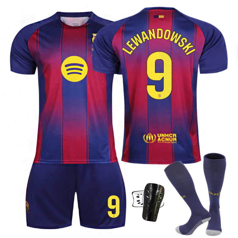 Beakey Barca Home LaLiga LEWANDOWSKI #9 Soccer Jersey Kids Adult 4Pcs Jersey Kits