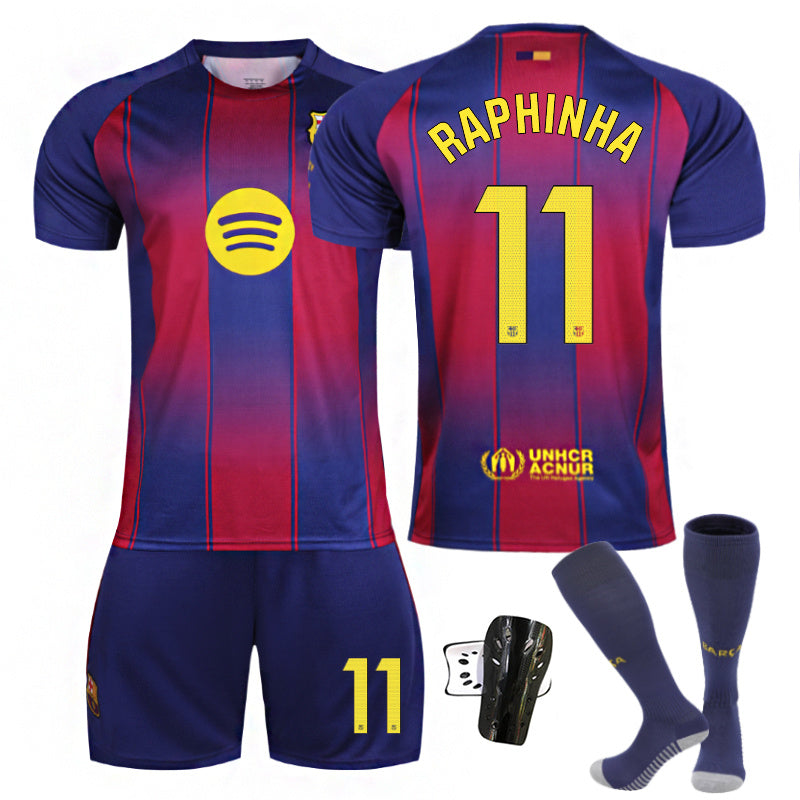 Beakey Barca Home LaLiga RAPHINHA #11 Soccer Jersey Kids Adult 4Pcs Jersey Kits