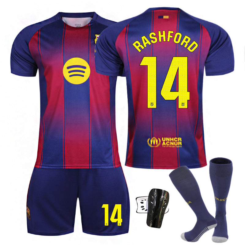 Beakey Barca Home LaLiga RASHFORD #14 Soccer Jersey Kids Adult 4Pcs Jersey Kits