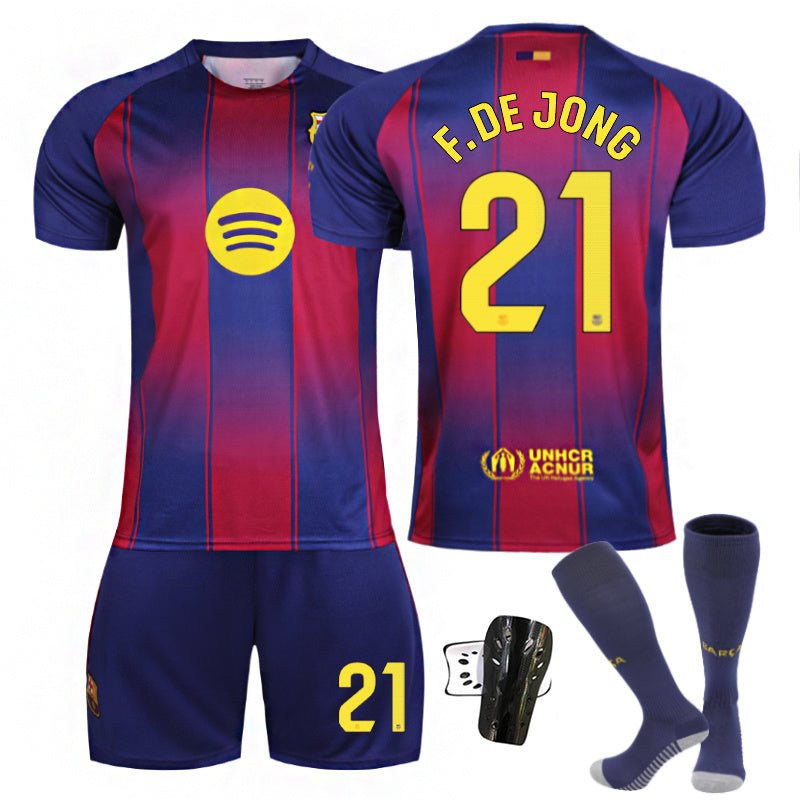 Beakey Barca Home LaLiga F DE JONG #21 Soccer Jersey Kids Adult 4Pcs Jersey Kits