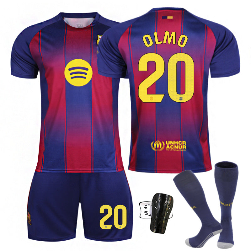 Beakey Barca Home LaLiga OLMO #20 Soccer Jersey Kids Adult 4Pcs Jersey Kits