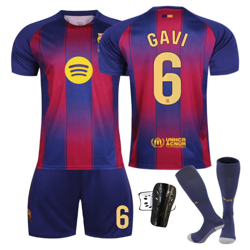 Beakey Barca Home LaLiga Light Colored Font Jersey GAVI #6 Soccer Jersey Kids Adult 4Pcs Jersey Kits