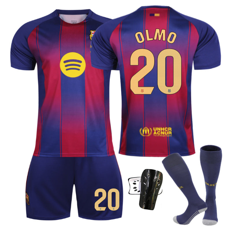 Beakey Barca Home LaLiga Light Colored Font Jersey OLMO #20 Soccer Jersey Kids Adult 4Pcs Jersey Kits