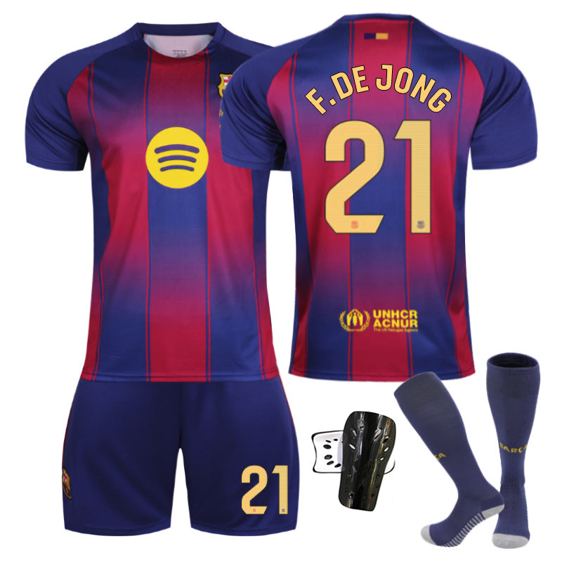 Beakey Barca Home LaLiga Light Colored Font Jersey F DE JONG #21 Soccer Jersey Kids Adult 4Pcs Jersey Kits