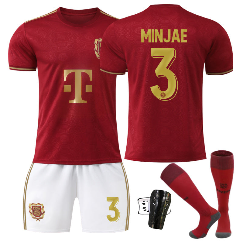 Beakey Bayern 125 Anniversary Burgundy Jersey MINJAE #3 Soccer Jersey Kids Adult 4Pcs Jersey Kits