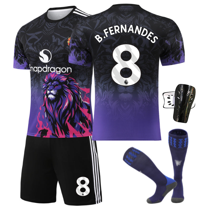 Beakey Red Devil Purple Lion Jersey B FERNANDES #8 Soccer Jersey Kids Adult 4Pcs Jersey Kits
