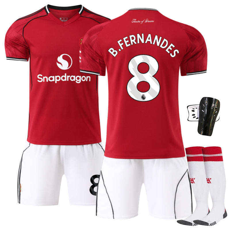 Beakey Red Devil Home Jersey B FERNANDES #8 Soccer Jersey Kids Adult 4Pcs Jersey Kits