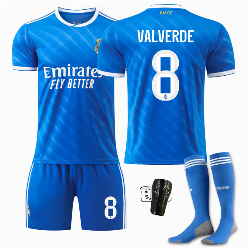 Beakey Real Madrid Second Away Jersey VALVERDE #8 Soccer Jersey Kids Adult 4Pcs Jersey Kits