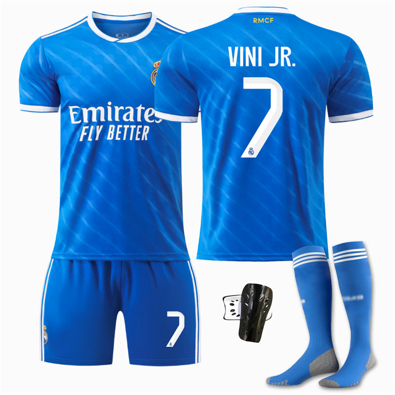 Beakey Real Madrid Second Away Jersey VINI JR #7 Soccer Jersey Kids Adult 4Pcs Jersey Kits