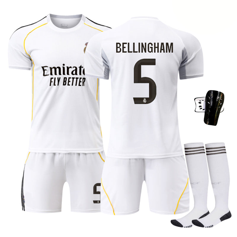 Beakey Real Madrid Home Jersey BELLINGHAM #5 Soccer Jersey Kids Adult 4Pcs Jersey Kits