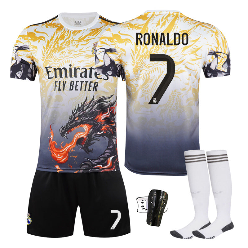 Beakey Real Madrid Dragon Patterned Yellow Jersey RONALDO #7 Soccer Jersey Kids Adult 4Pcs Jersey Kits