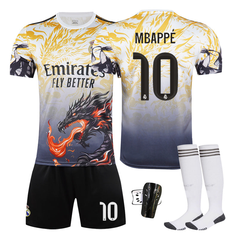 Beakey Real Madrid Dragon Patterned Yellow Jersey MBAPPE #10 Soccer Jersey Kids Adult 4Pcs Jersey Kits
