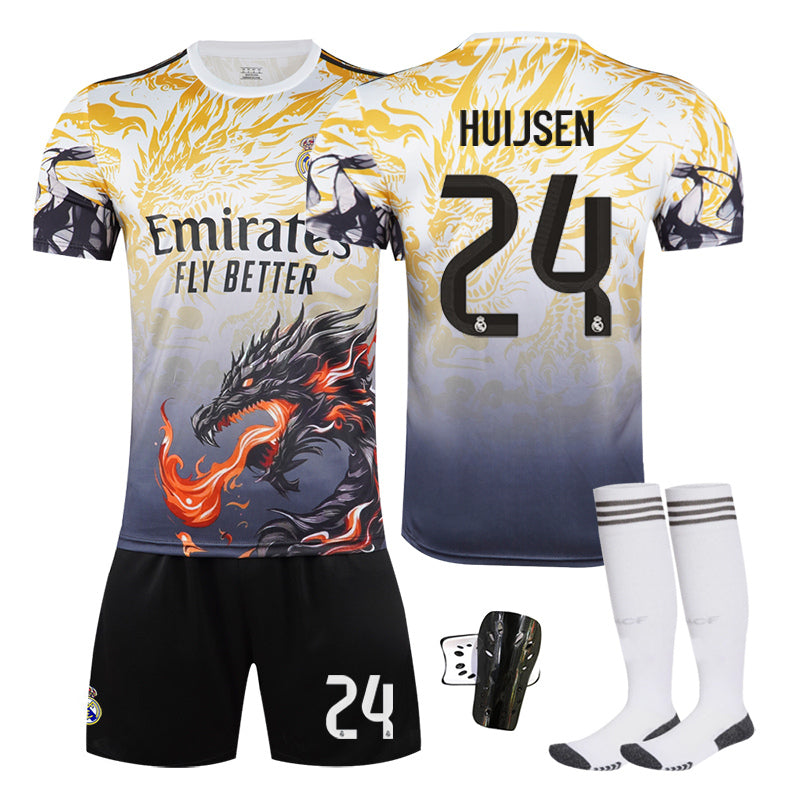 Beakey Real Madrid Dragon Patterned Yellow Jersey HUIJSEN #24 Soccer Jersey Kids Adult 4Pcs Jersey Kits