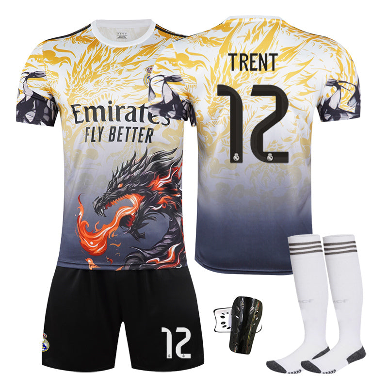 Beakey Real Madrid Dragon Patterned Yellow Jersey TRENT #12 Soccer Jersey Kids Adult 4Pcs Jersey Kits