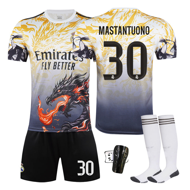 Beakey Real Madrid Dragon Patterned Yellow Jersey MASTANTUONO #30 Soccer Jersey Kids Adult 4Pcs Jersey Kits
