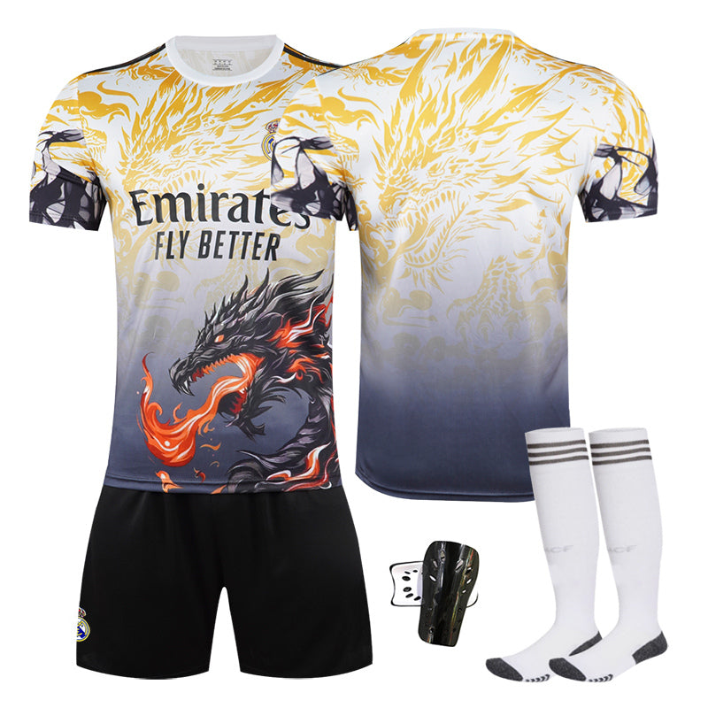 Beakey Real Madrid Dragon Patterned Yellow Jersey Soccer Jersey Kids Adult 4Pcs Jersey Kits