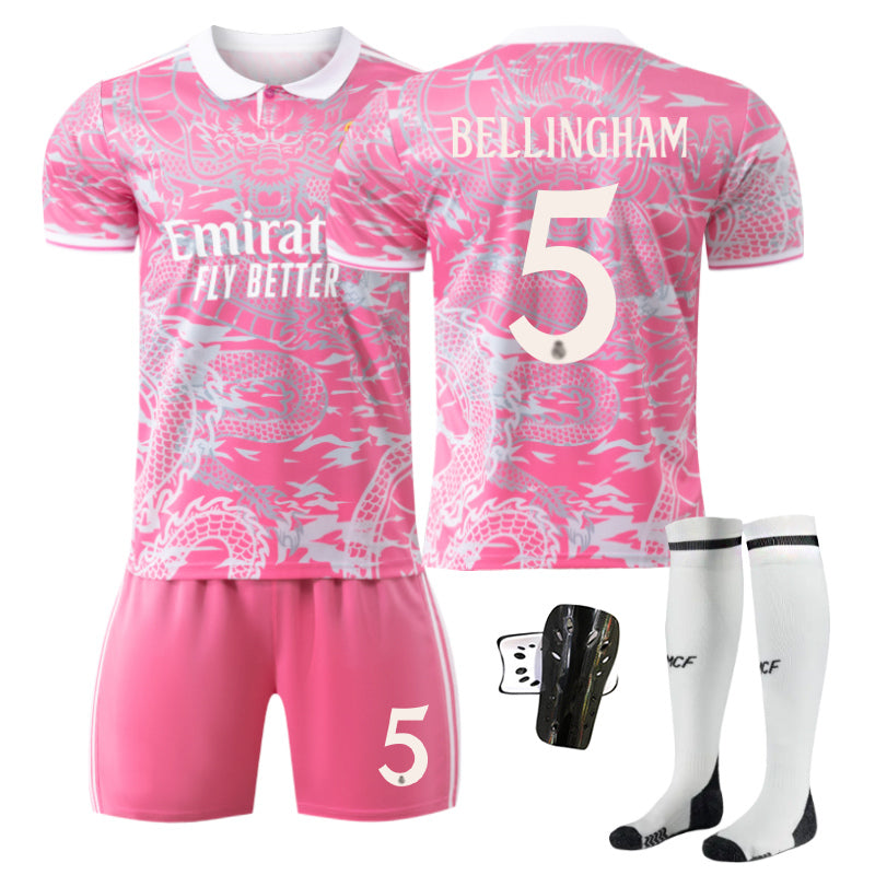 Beakey Real Madrid Dragon Patterned Pink Jersey BELLINGHAM #5 Soccer Jersey Kids Adult 4Pcs Jersey Kits