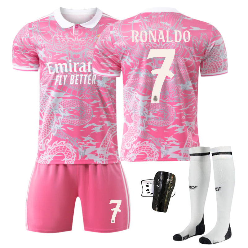 Beakey Real Madrid Dragon Patterned Pink Jersey RONALDO #7 Soccer Jersey Kids Adult 4Pcs Jersey Kits