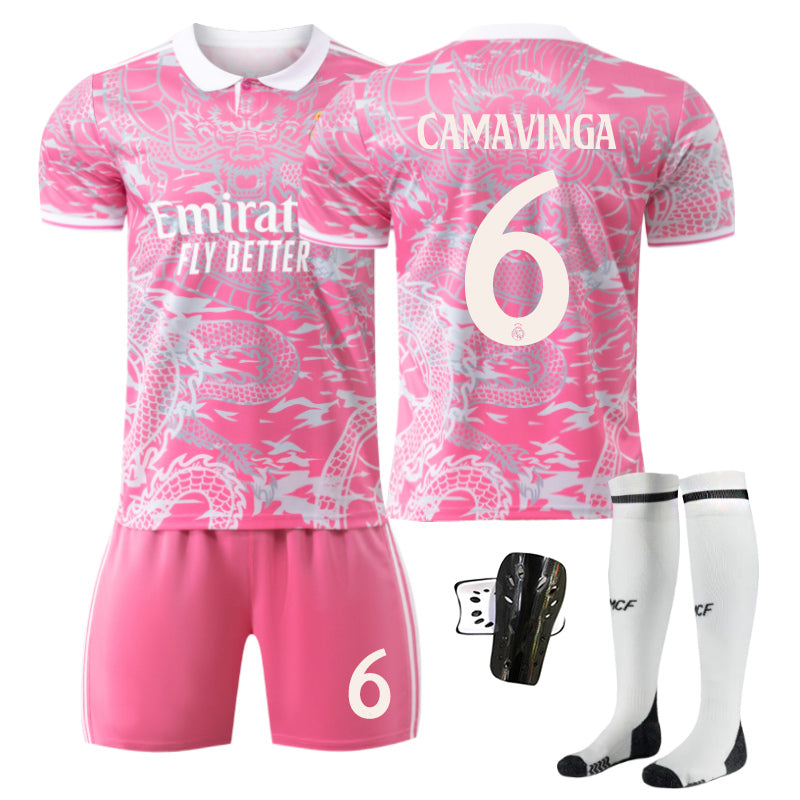 Beakey Real Madrid Dragon Patterned Pink Jersey CAMAVINGA #6 Soccer Jersey Kids Adult 4Pcs Jersey Kits