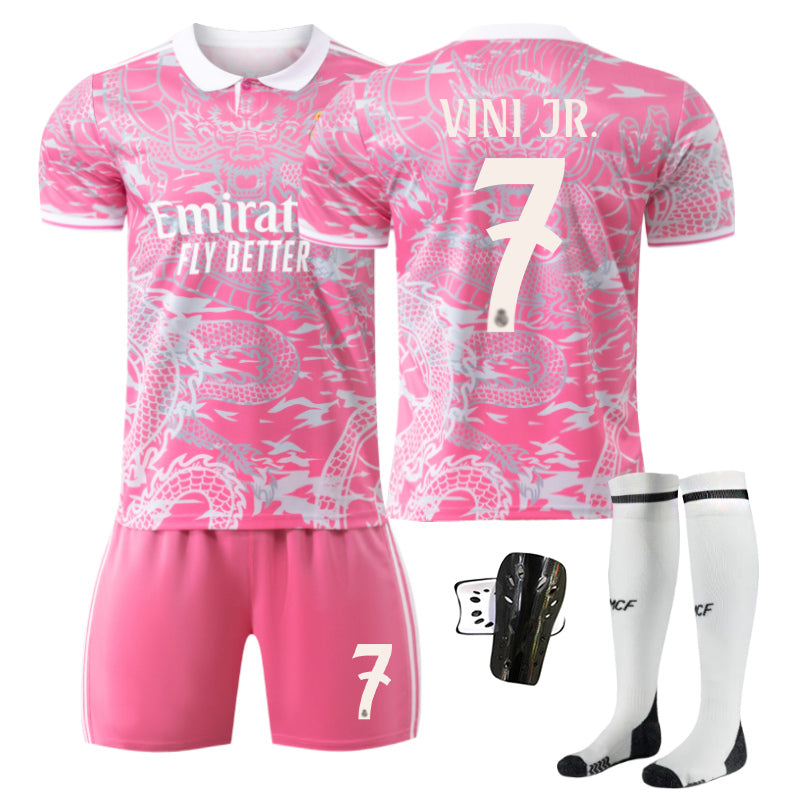 Beakey Real Madrid Dragon Patterned Pink Jersey VINI JR #7 Soccer Jersey Kids Adult 4Pcs Jersey Kits