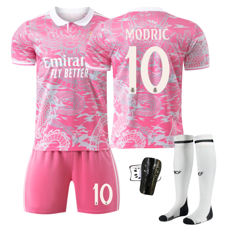 Beakey Real Madrid Dragon Patterned Pink Jersey MODRIC #10 Soccer Jersey Kids Adult 4Pcs Jersey Kits