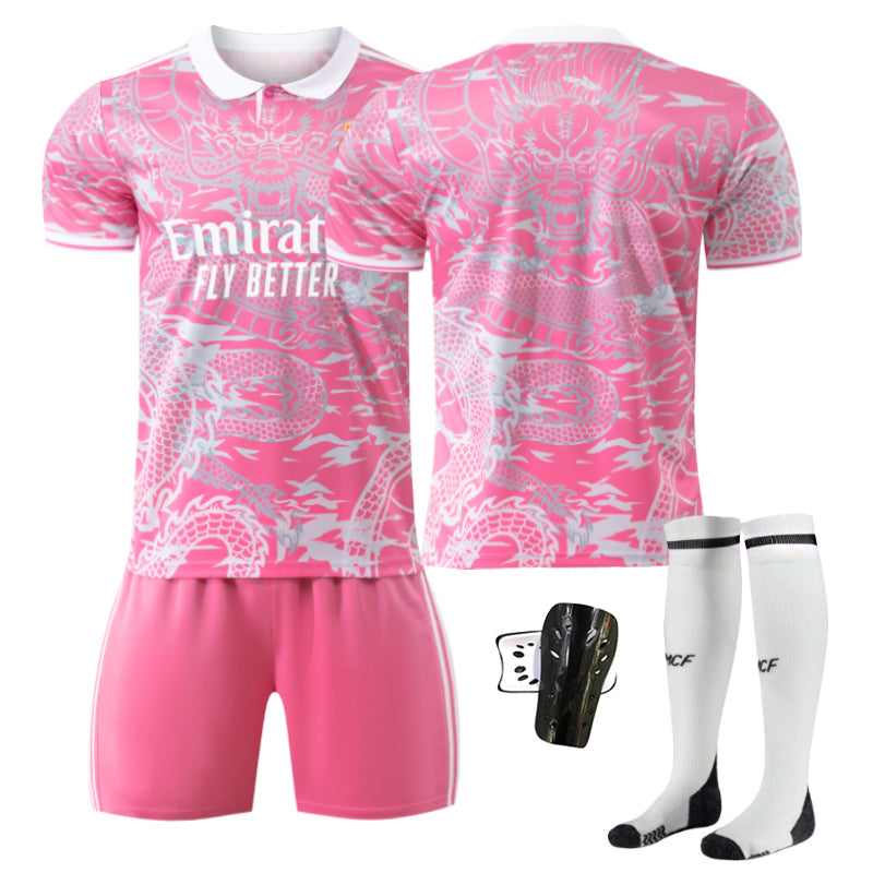 Beakey Real Madrid Dragon Patterned Pink Jersey Soccer Jersey Kids Adult 4Pcs Jersey Kits
