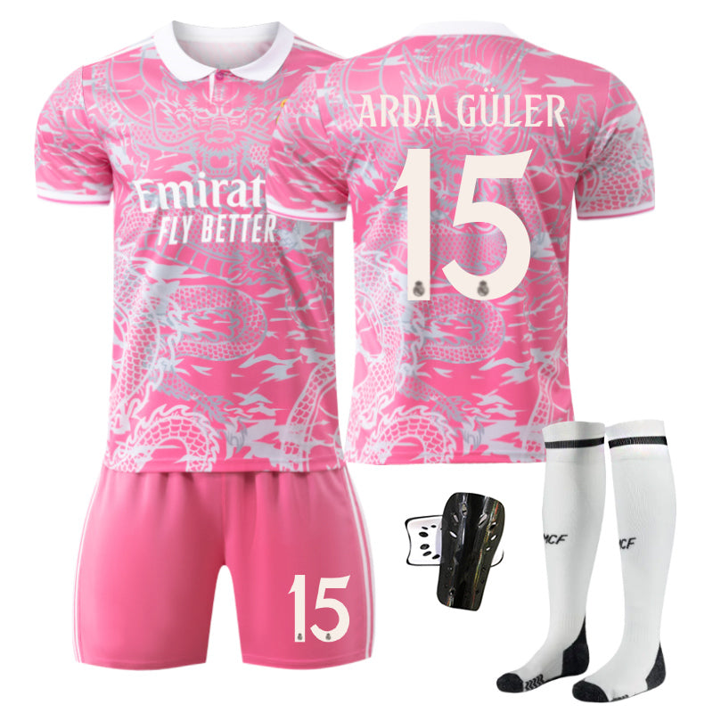 Beakey Real Madrid Dragon Patterned Pink Jersey ARDA GULER #15 Soccer Jersey Kids Adult 4Pcs Jersey Kits