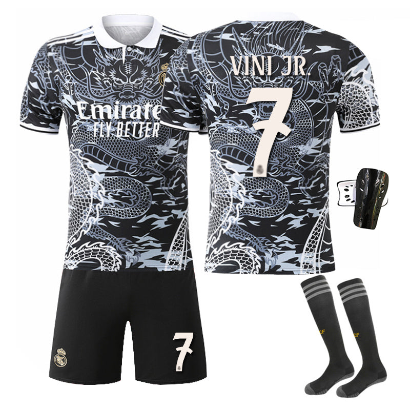 Beakey Real Madrid Dragon Patterned Black White Jersey VINI JR #7 Soccer Jersey Kids Adult 4Pcs Jersey Kits