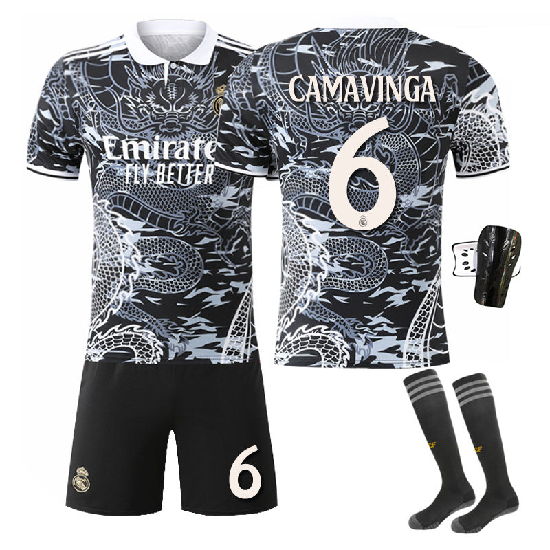 Beakey Real Madrid Dragon Patterned Black White Jersey CAMAVINGA #6 Soccer Jersey Kids Adult 4Pcs Jersey Kits