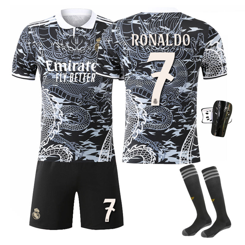 Beakey Real Madrid Dragon Patterned Black White Jersey RONALDO #7 Soccer Jersey Kids Adult 4Pcs Jersey Kits
