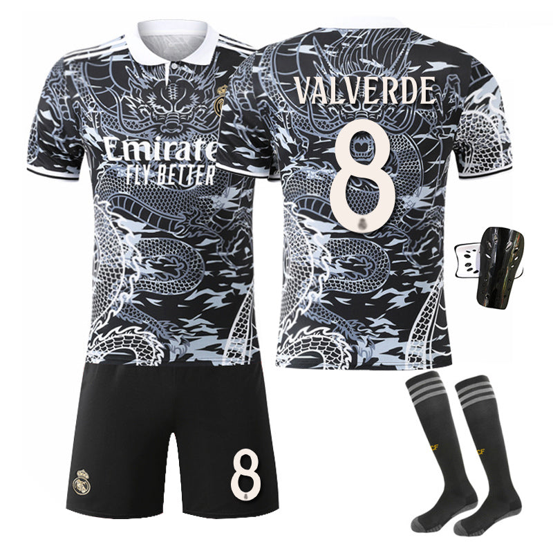 Beakey Real Madrid Dragon Patterned Black White Jersey VALVERDE #8 Soccer Jersey Kids Adult 4Pcs Jersey Kits