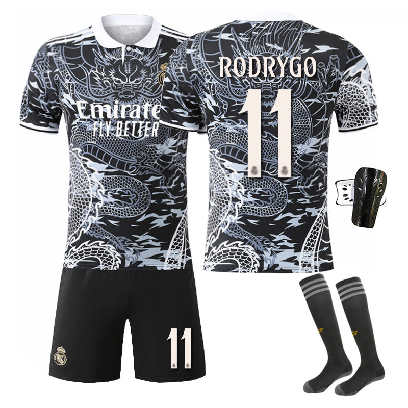 Beakey Real Madrid Dragon Patterned Black White Jersey RODRYGO #11 Soccer Jersey Kids Adult 4Pcs Jersey Kits