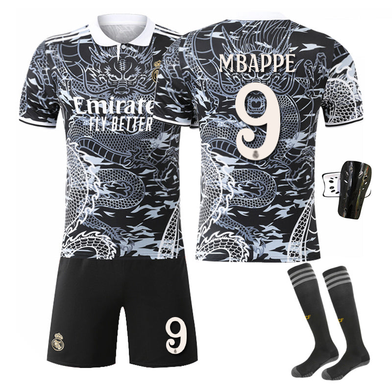 Beakey Real Madrid Dragon Patterned Black White Jersey MBAPPE #9 Soccer Jersey Kids Adult 4Pcs Jersey Kits