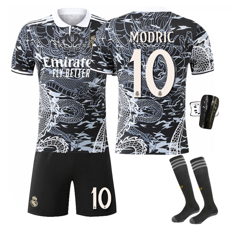 Beakey Real Madrid Dragon Patterned Black White Jersey MODRIC #10 Soccer Jersey Kids Adult 4Pcs Jersey Kits