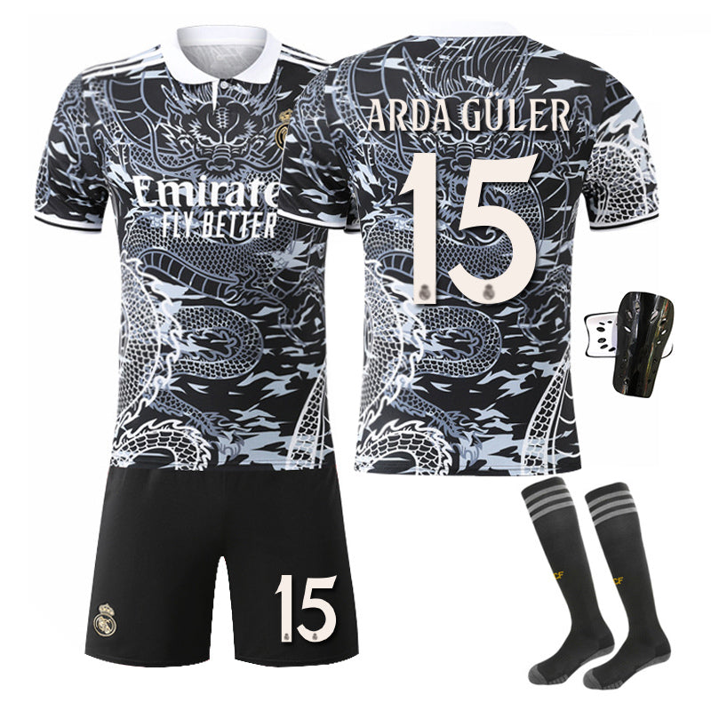 Beakey Real Madrid Dragon Patterned Black White Jersey ARDA GULER #15 Soccer Jersey Kids Adult 4Pcs Jersey Kits