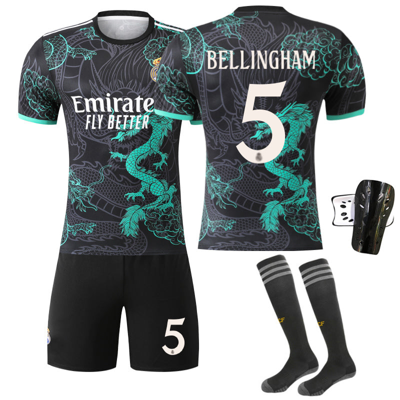 Beakey Real Madrid Dragon Patterned Black Green Jersey BELLINGHAM #5 Soccer Jersey Kids Adult 4Pcs Jersey Kits