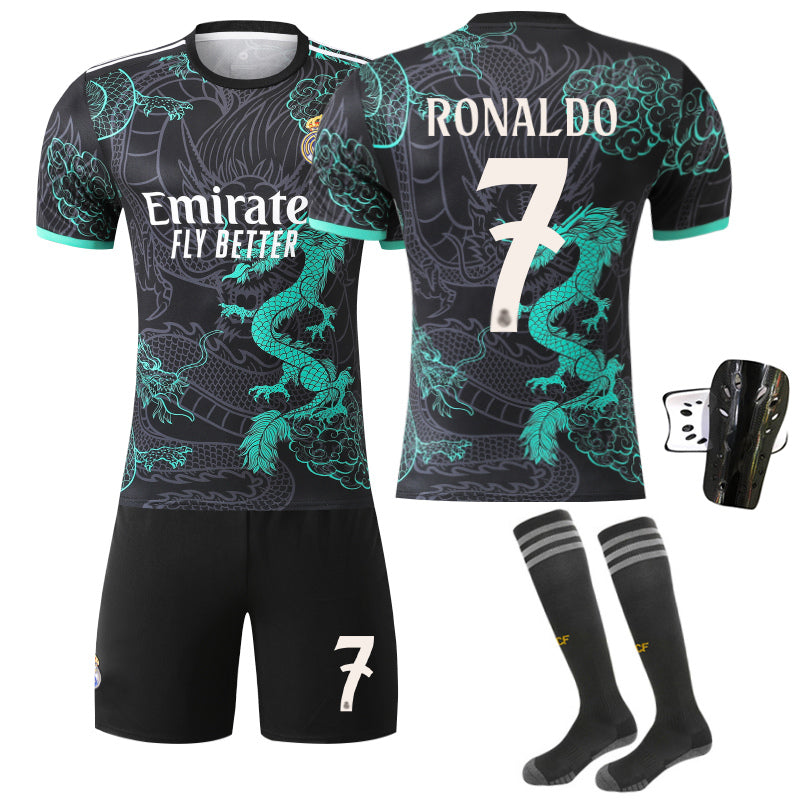 Beakey Real Madrid Dragon Patterned Black Green Jersey RONALDO #7 Soccer Jersey Kids Adult 4Pcs Jersey Kits