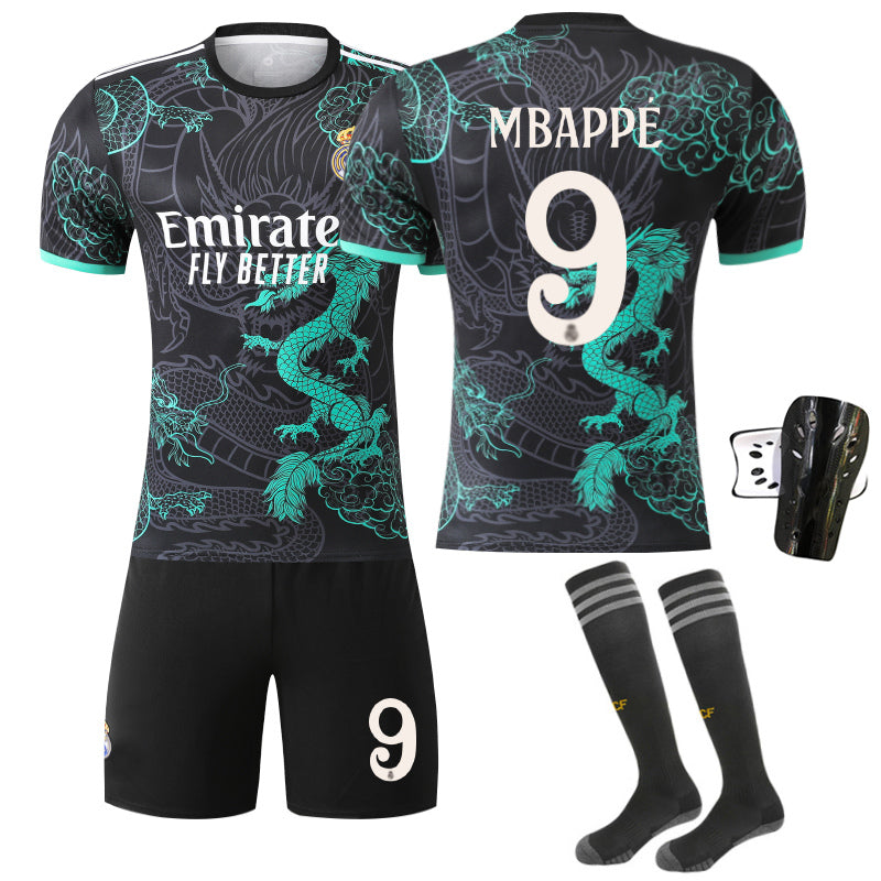 Beakey Real Madrid Dragon Patterned Black Green Jersey MBAPPE #9 Soccer Jersey Kids Adult 4Pcs Jersey Kits