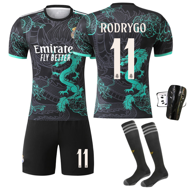 Beakey Real Madrid Dragon Patterned Black Green Jersey RODRYGO #11 Soccer Jersey Kids Adult 4Pcs Jersey Kits