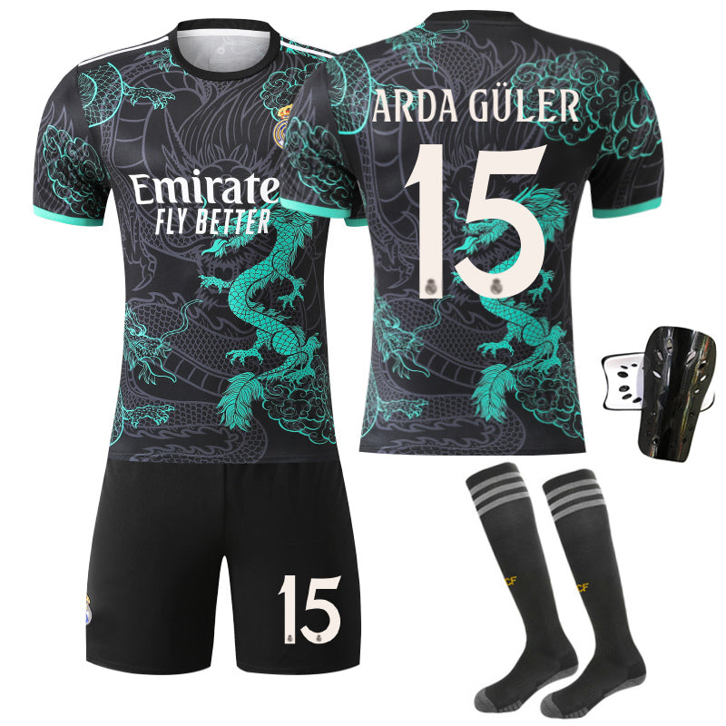 Beakey Real Madrid Dragon Patterned Black Green Jersey ARDA GULER #15 Soccer Jersey Kids Adult 4Pcs Jersey Kits