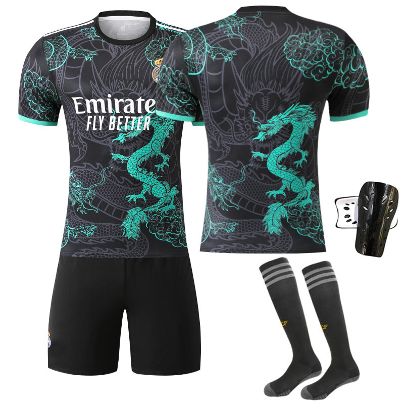 Beakey Real Madrid Dragon Patterned Black Green Jersey Soccer Jersey Kids Adult 4Pcs Jersey Kits