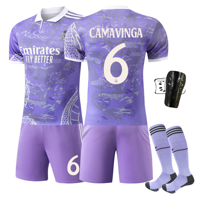 Beakey Real Madrid Dragon Patterned Purple White Jersey CAMAVINGA #6 Soccer Jersey Kids Adult 4Pcs Jersey Kits
