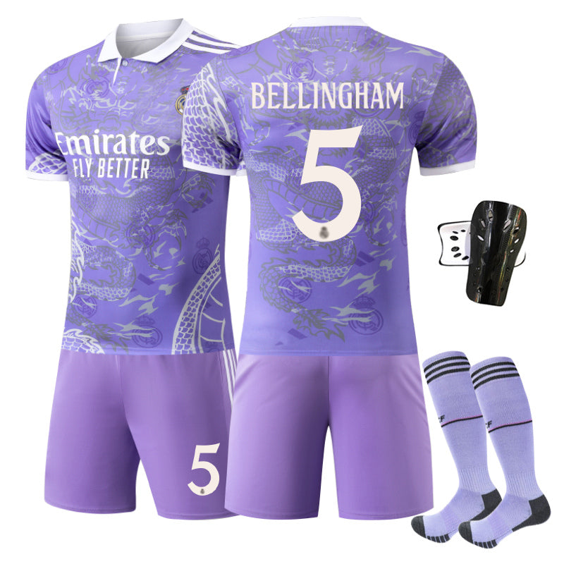 Beakey Real Madrid Dragon Patterned Purple White Jersey BELLINGHAM #5 Soccer Jersey Kids Adult 4Pcs Jersey Kits