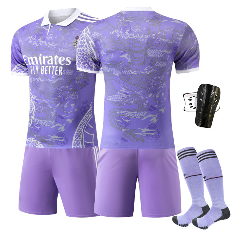 Beakey Real Madrid Dragon Patterned Purple White Jersey Soccer Jersey Kids Adult 4Pcs Jersey Kits