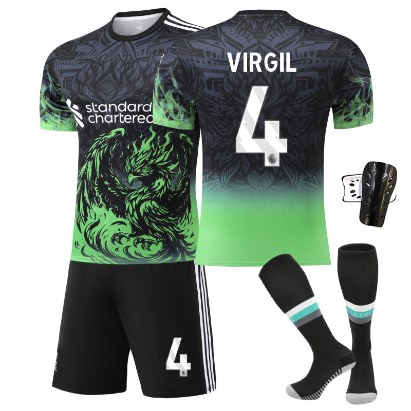 Beakey Liverpool Green Bird Jersey VIRGIL #4 Soccer Jersey Kids Adult 4Pcs Jersey Kits