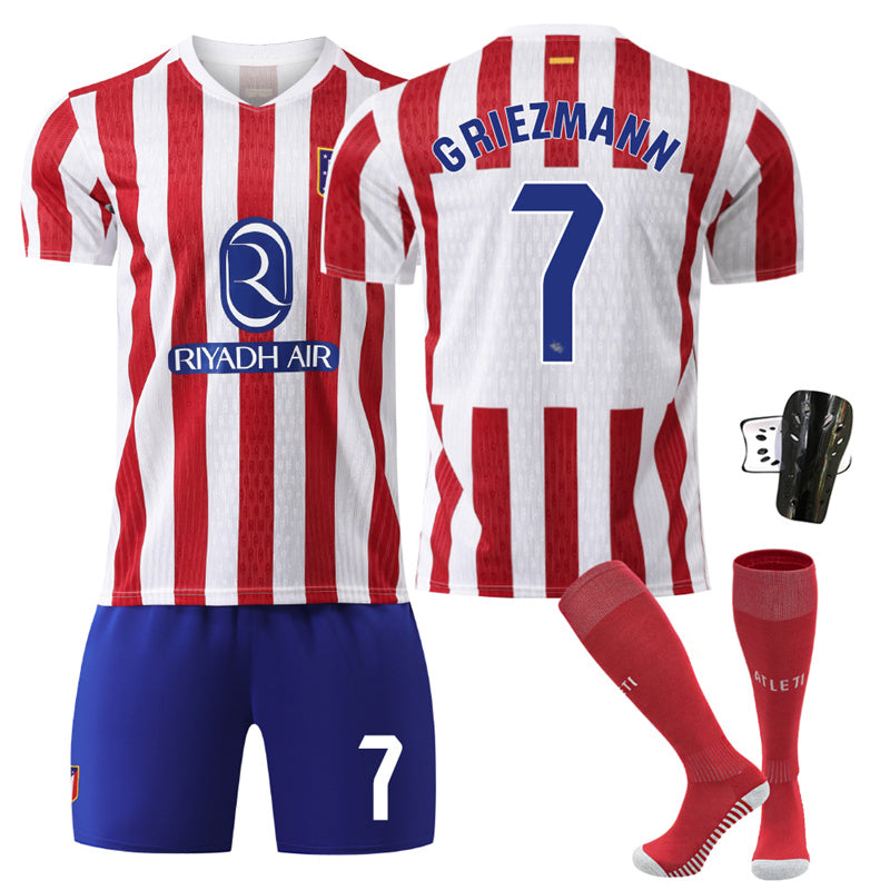 Beakey Atletico Madrid Home Jersey Red Socks GRIEZMANN #7 Soccer Jersey Kids Adult 4Pcs Jersey Kits