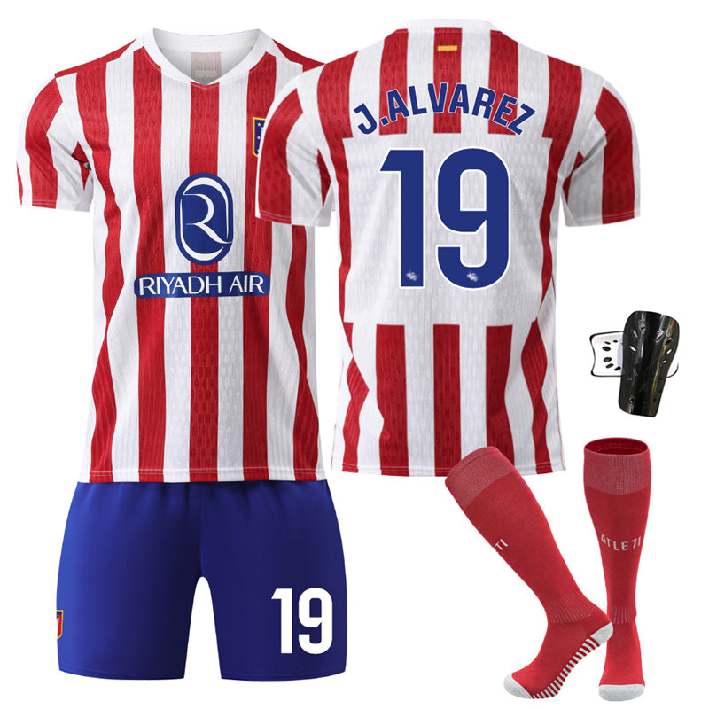 Beakey Atletico Madrid Home Jersey Red Socks J ALVAREZ #19 Soccer Jersey Kids Adult 4Pcs Jersey Kits