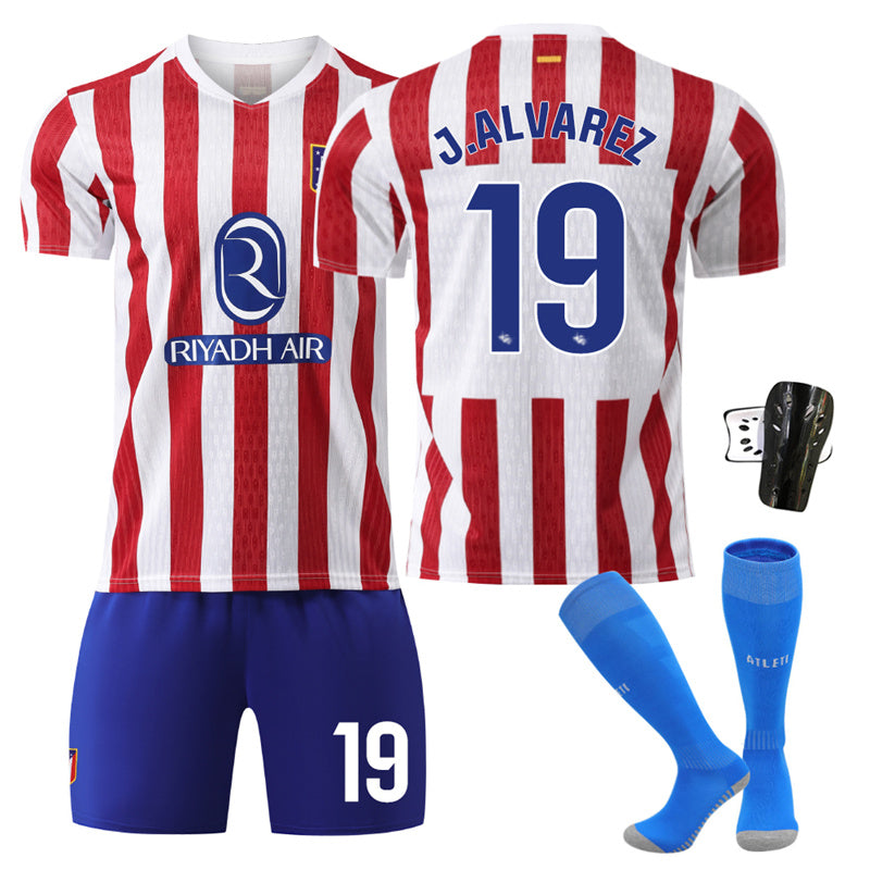 Beakey Atletico Madrid Home Jersey Blue Socks J ALVAREZ #19 Soccer Jersey Kids Adult 4Pcs Jersey Kits