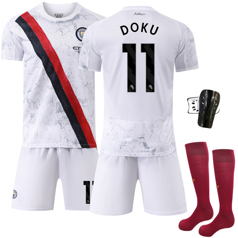 Beakey Manchester City Away Jersey White DOKU #11 Soccer Jersey Kids Adult 4Pcs Jersey Kits